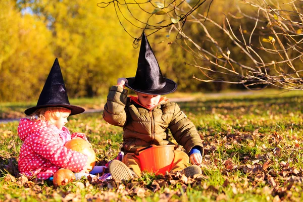 Çocuklar içinde halloween kılık sonbahar Parkı'nda oynar — Stok fotoğraf