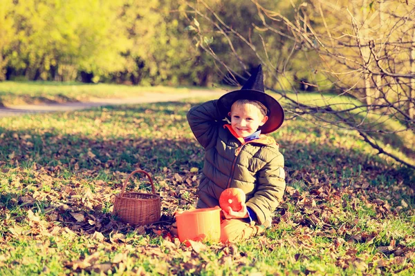 Niño en traje de Halloween en el parque de otoño — Foto de Stock