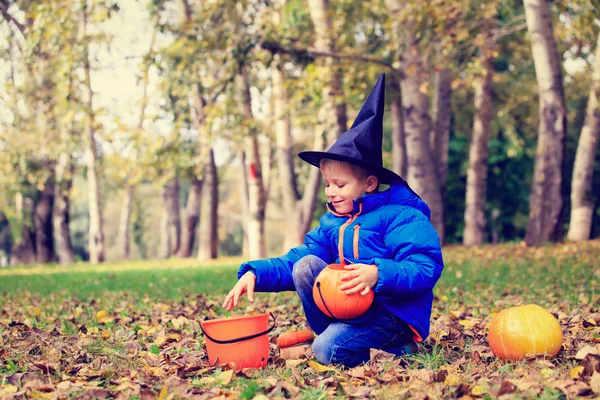 Anak kecil dengan kostum halloween di taman musim gugur — Stok Foto