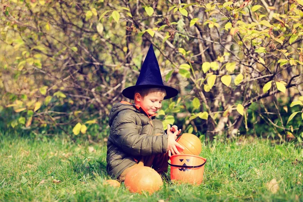 Küçük çocuk sonbahar Park halloween kılık — Stok fotoğraf