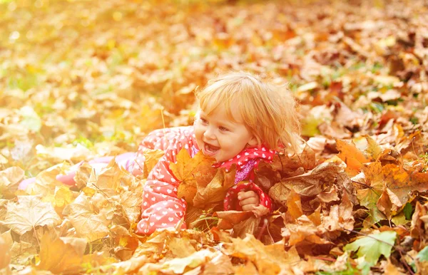 Schattig klein meisje spelen met najaar vallen — Stockfoto