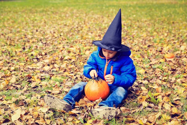 Liten pojke i halloween kostym på hösten park — Stockfoto