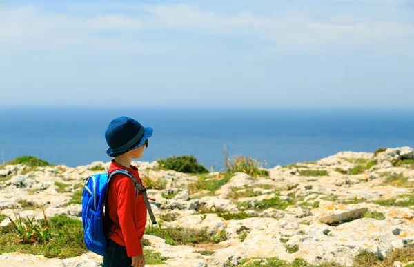 Petit garçon randonnée dans les montagnes en regardant la vue panoramique — Photo