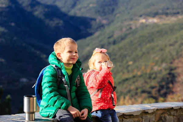 Маленький хлопчик і дівчинка пішки в горах — стокове фото