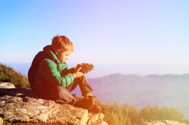 küçük çocuk doğal dağlarda çam kozalağı seyir hiking