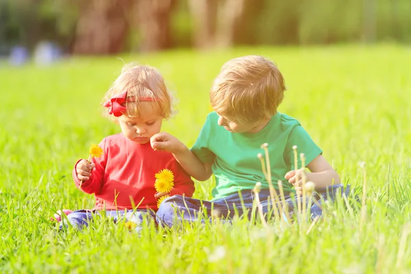 Ładny chłopiec i toddler dziewczynka gra na zielonej trawie — Zdjęcie stockowe