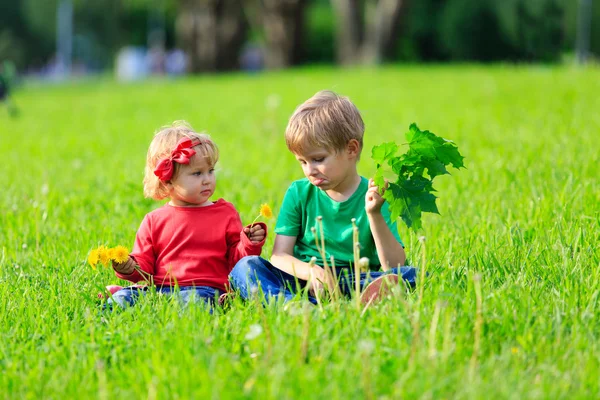 Anak laki-laki dan anak perempuan yang lucu bermain di rumput hijau — Stok Foto