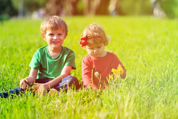 Lindo niño y niña jugando en la hierba verde — Foto de Stock