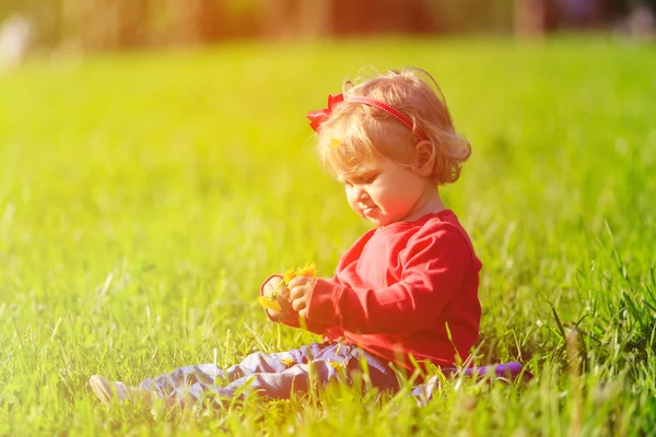 Gelukkig klein meisje met bloemen op groen gras — Stockfoto