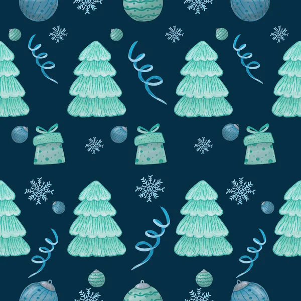 Karácsonyi zökkenőmentes minta ajándékokkal és hópelyhek marker illusztráció. Papírra, szövetre történő nyomtatáshoz — Stock Fotó