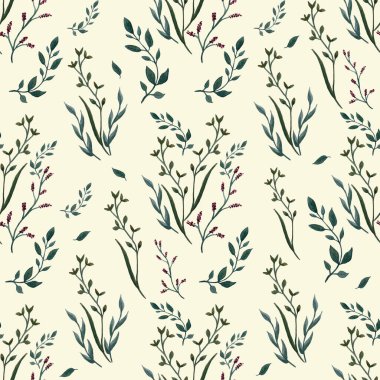 Suluboya dallar deseni. Dalları ve yaprakları olan kusursuz çiçek deseni. Kumaş ve kağıda baskı yapmak için