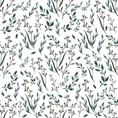 Suluboya dallar deseni. Dalları ve yaprakları olan kusursuz çiçek deseni. Kumaş ve kağıda baskı yapmak için
