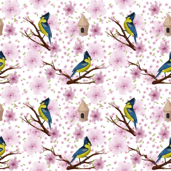 Seamless pattern -Spring illustration with great tit bird on blossom branch — Fotografia de Stock