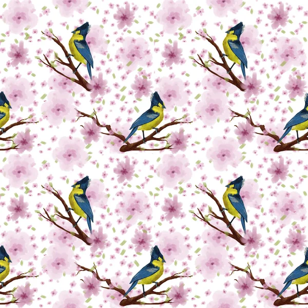 Seamless pattern -Spring illustration with great tit bird on blossom branch — Fotografia de Stock