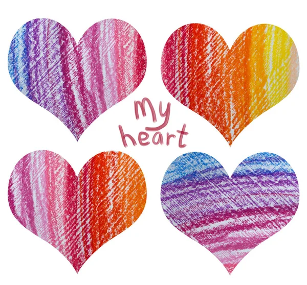 Hearts with oil pencils, childrens drawing, Valentines day. Hand-drawn. — Stock Photo, Image