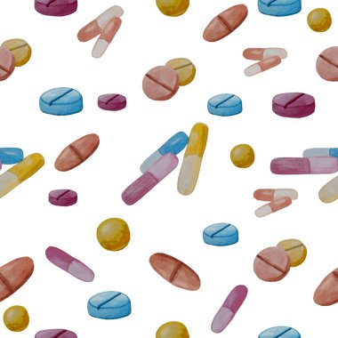 Beyaz zemin üzerinde ilaçların, hapların, tabletlerin ve kapsüllerin kusursuz deseni