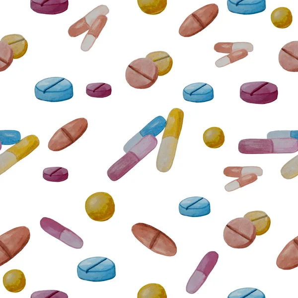 Aquarelle motif sans couture de médicaments, pilules, comprimés et capsules sur un fond blanc — Photo