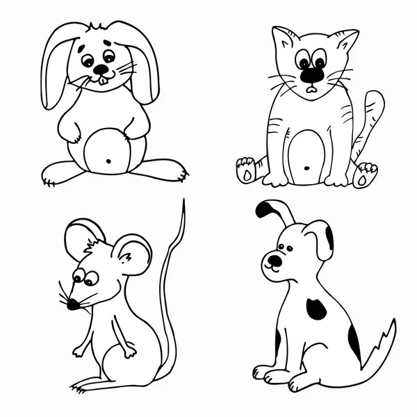 Ilustración vectorial de la página para colorear animal. Gato, perro, ratón y conejo. — Vector de stock