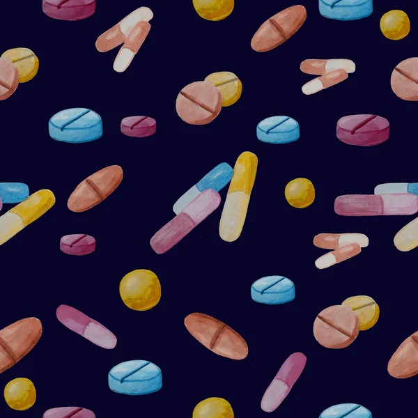 Watercolor seamless pattern of medicines, pills, tablets and capsules on a white background — Stock Photo, Image