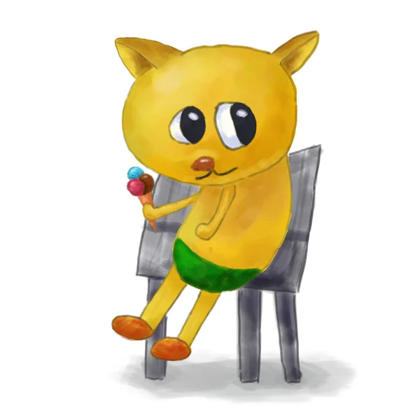 Un simple dessin d'enfant d'un chat jaune assis sur une chaise. Chaton avec crème glacée — Photo