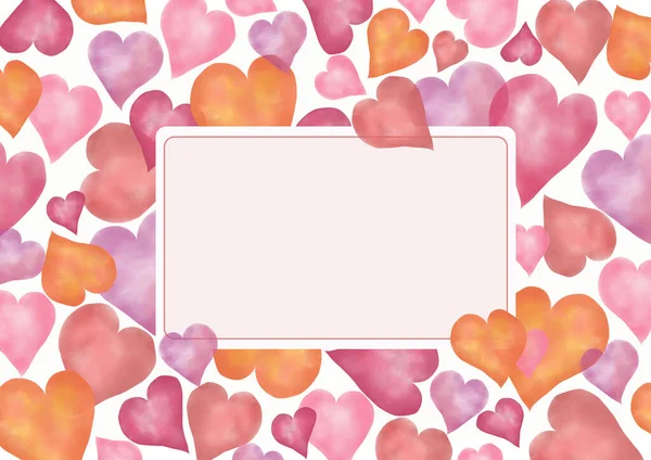 Holiday card of watercolor hearts and frame with free space for your message. for Valentines day, birthday or wedding. — Stock Photo, Image