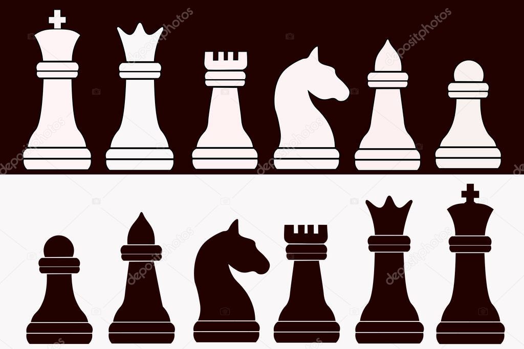 Vector Chess Pieces Silhouette - Black And White Set - modern and simple flat symbol for website - King, queen, rook, bishop, pawn