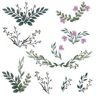 Suluboya çiçekli illüstrasyon, düğün kırtasiyesi, selamlar, duvar kağıtları, moda için yeşil yaprak dalları koleksiyonu ayarladı