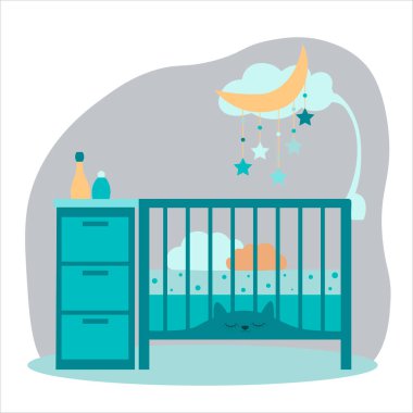 Mobil oyuncakları ve gardırobu olan yeni doğmuş bir yatak ya da beşik. Vektör. Kartpostallar, poster, simge, çocuk tasarımları için dekorasyon.