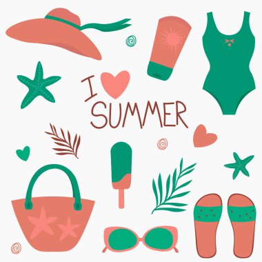 Yaz ögeleri seti - vektör düz tasarım sadece plaj ve tatil teması. Resim beyaz arkaplanda izole edildi.