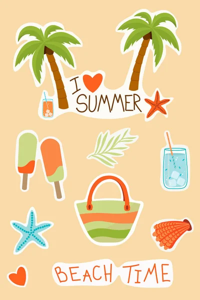 Set Von Süßen Und Lustigen Sommeraufklebern Palme Cocktail Palmblätter Eis — Stockvektor