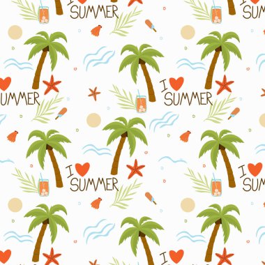 Avuç içi, kokteyl, dondurma, dalga, deniz yıldızı ve kabuklu kusursuz bir yaz şablonu. Moda baskısı tasarımı, vektör illüstrasyonu