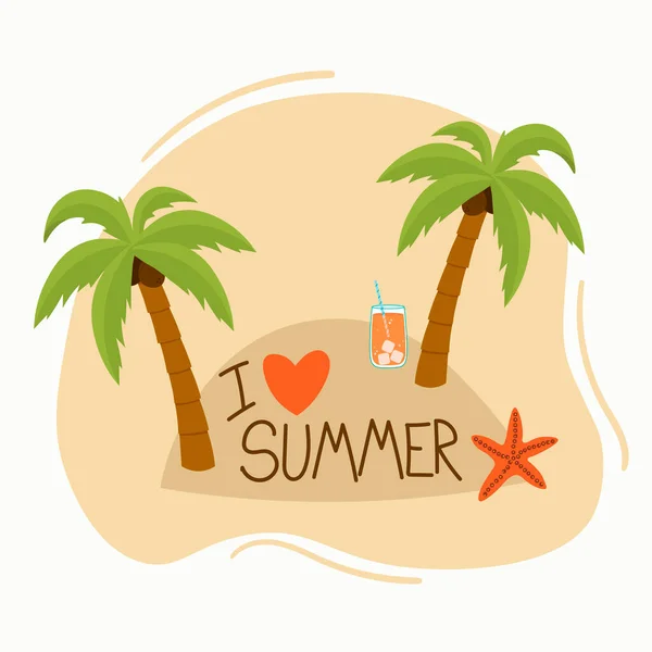 Symbol, Logo oder Aufkleber mit der Aufschrift: Ich liebe den Sommer. Palmen, Seesterne und Cocktails. Flachbild-Vektorbilder. — Stockvektor