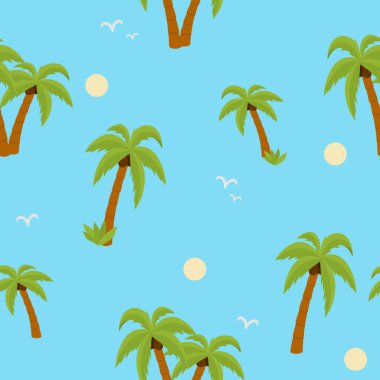 Palmiye ağaçlarıyla vektör çizimi. Tropikal palmiyeli kusursuz vektör deseni. Kumaş, giysi, ambalaj kağıdı için..