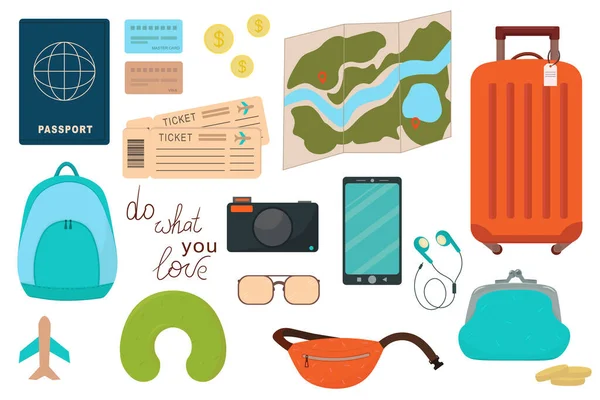 Set of travel items for recreation. Collection of luggage elements, flat vector -objects for travelling around the world