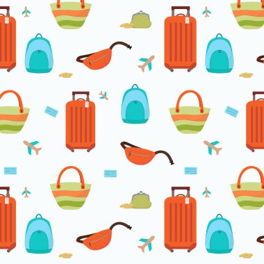 Turistik bagaj ve seyahat çantalarının kusursuz desenleri. dijital kağıt arkaplan. Vektör çizgi film düz illüstrasyon