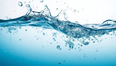 Yüzeyin altından yükselen kabarcıklarla kristal berrak mavi su sıçraması, Gradyan Arkaplanda dinamik sıvı hareketi. Yüksek kalite fotoğraf