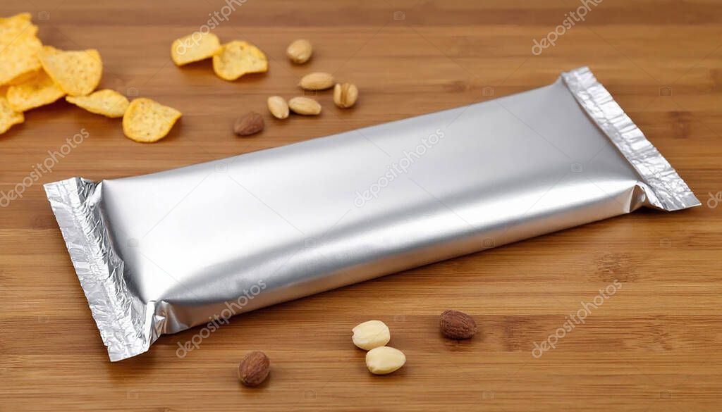 Empty Aluminum Snack Bag with Crisps and Almonds. Perfect for Packaging Design and Food Advertising. High quality photo