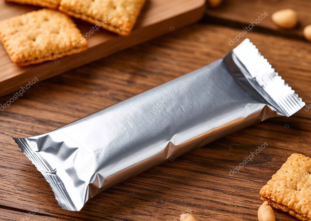 Empty Aluminum Snack Bag with Crisps and Almonds. Perfect for Packaging Design and Food Advertising. High quality photo