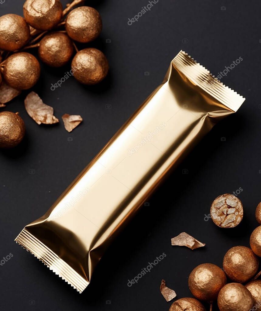 Golden Foil Packaging Mockup on Dark Background. Luxury Product Design Template for Cosmetics, Supplements or Premium Snacks. Perfect for Branding and Marketing. High quality photo