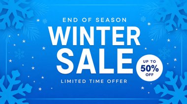 Kar Taneli Modern Kış Bayrağı ve Mavi Arkaplanda 50 Off Rozet. Yüksek kalite fotoğraf