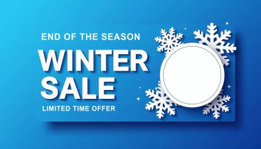 Kar Taneli Modern Kış Bayrağı ve Mavi Arkaplanda 50 Off Rozet. Yüksek kalite fotoğraf