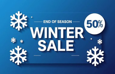 Kar Taneli Modern Kış Bayrağı ve Mavi Arkaplanda 50 Off Rozet. Yüksek kalite fotoğraf