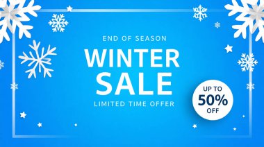 Kar Taneli Modern Kış Bayrağı ve Mavi Arkaplanda 50 Off Rozet. Yüksek kalite fotoğraf