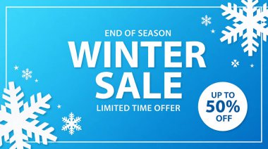 Kar Taneli Modern Kış Bayrağı ve Mavi Arkaplanda 50 Off Rozet. Yüksek kalite fotoğraf