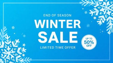 Kar Taneli Modern Kış Bayrağı ve Mavi Arkaplanda 50 Off Rozet. Yüksek kalite fotoğraf