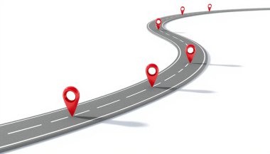 İş ya da Seyahat Konsepti için Beyaz Arkaplanda Kırmızı Lokasyon İğneleri olan Viraj Yolu. Yüksek kalite fotoğraf