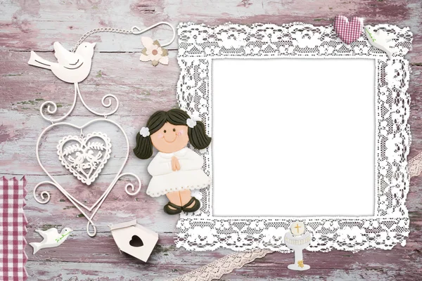 First Communion photo frame card girl — Stock Photo, Image