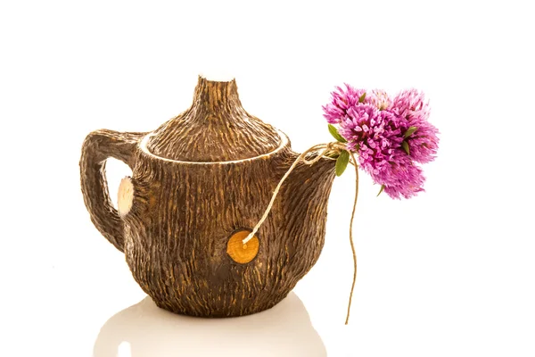 Teapot and red clovers  isolated — Stock Photo, Image