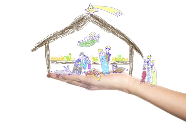 Christmas, Nativity Scene drawn by a small child — Stock Photo, Image