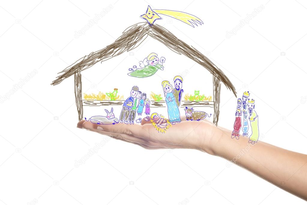 Christmas, Nativity Scene drawn by a small child